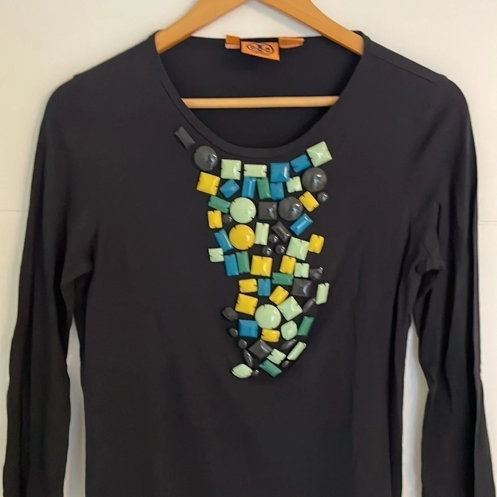 Tory Burch Razi Beaded Navy 3/4 Sleeves Stretchy Embellished Top Career Office S